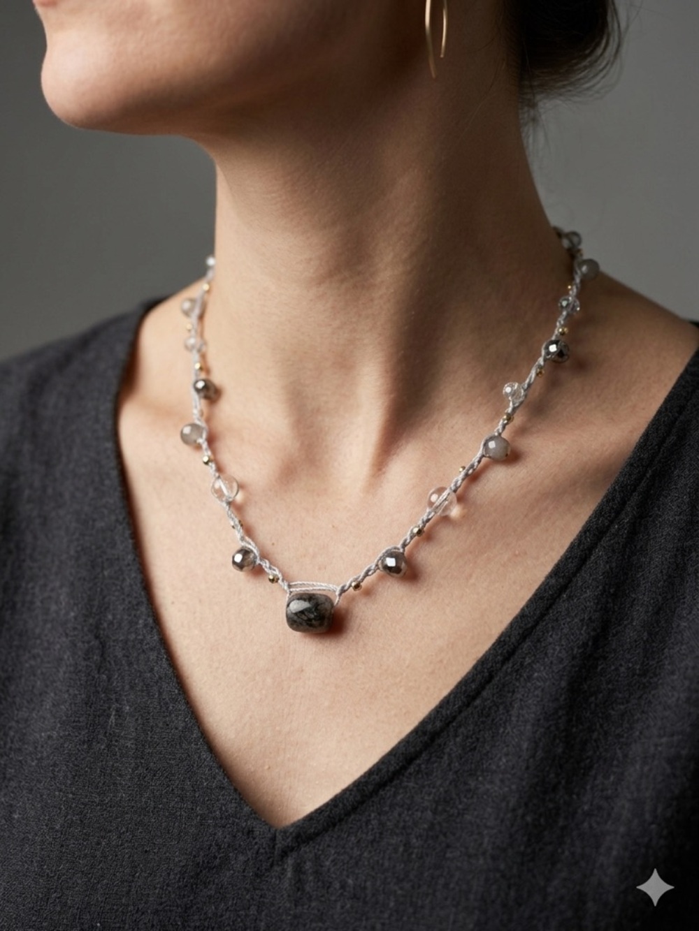 Handmade Beaded Crochet Necklace Crystal Beaded Necklace Minimalist Gray